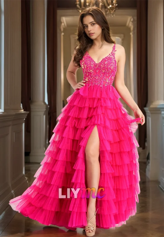 Bargain Bin V-Neck Straps Appliques Tiered Side Slit Tulle Ball Gown Prom Dress