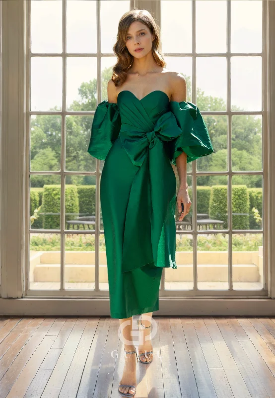 Mega Sale Sheath Strapless Detachable Half Sleeves Pleated Tea Length Back Zipper Mother of Bride Dress
