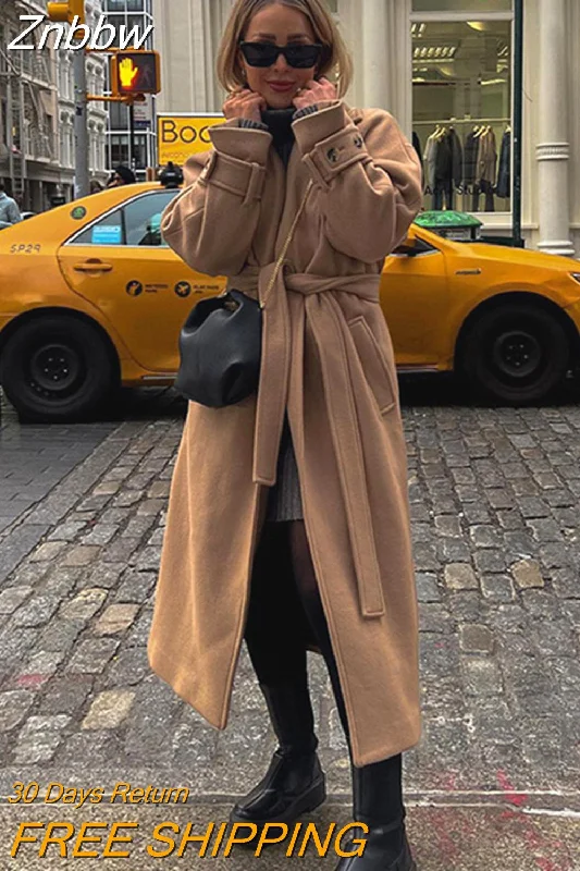Online Specials Znbbw Lapel With Belt Overcoat Women Elegant Long Sleeve Pocket Jacket Spring And Autumn Ladies Casual Warm Long Coat