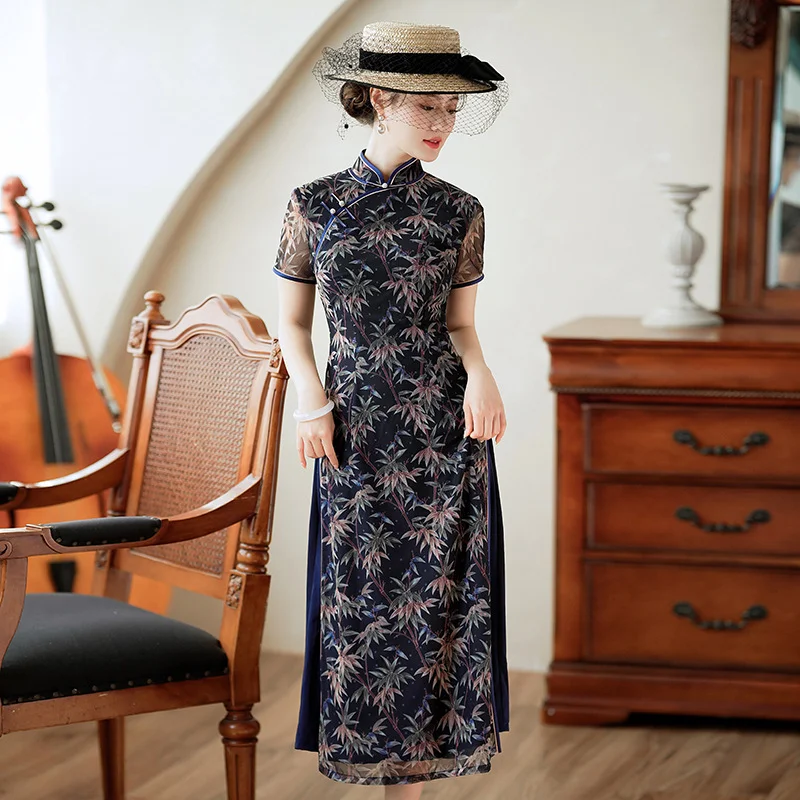 Mega Sale (M-4Xl) Plus Size Stretchy Leafs A Line Navy Cheongsam Dress