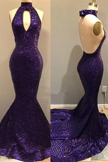 Discount Deals Sequins Halter Grape Prom Party Gowns| Backless Long Evening Gowns