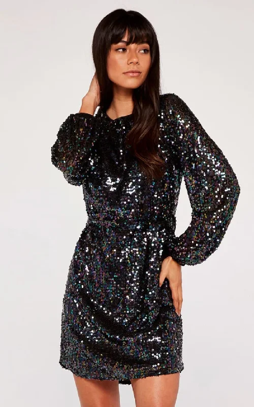 Flash Sale Apricot - Sequin Puff Sleeve Tie Waist Dress