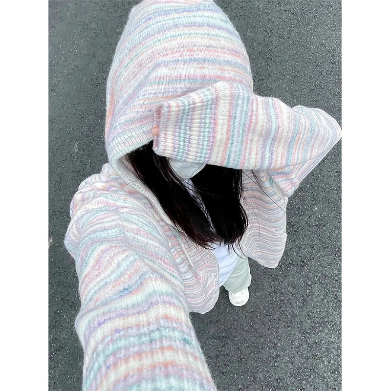 Act Now Znbbw Striped Knitted Cardigan Women Oversized Hooded Sweater Coat Streetwear Korean Zipper Knitwear Harajuku Sweet Casual Jumper Act Now Znbbw Striped Knitted Cardigan Women Oversized Hooded Sweater Coat Streetwear Korean Zipper Knitwear Harajuku Sweet Casual Jumper
