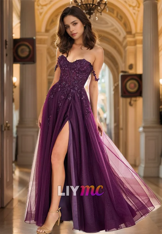 New Arrival Off-Shoulder Strapless Appliques Tulle A-Line Prom Dress