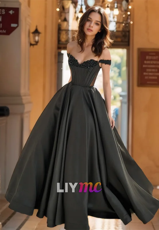 Can't Miss Off-Shoulder Strapless Appliques Corset Beaded Pleated Satin A-Line Prom Dress