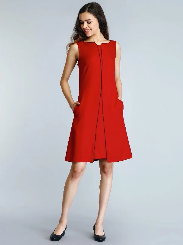 One-DAY Sale Stylised Neck Piping Detail Shift Dress - Red