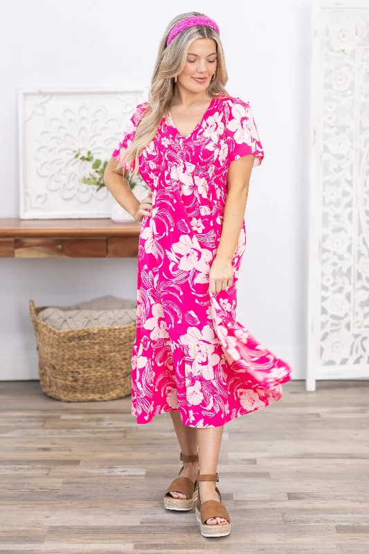 Best Bargains Pink Floral Print V-Neck Midi Dress