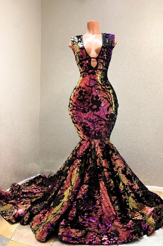 Super Bargain Sexy Deep V-neck Tulle Mermaid Prom Dress Sequins Long With Wide Straps Super Bargain Sexy Deep V-neck Tulle Mermaid Prom Dress Sequins Long With Wide Straps