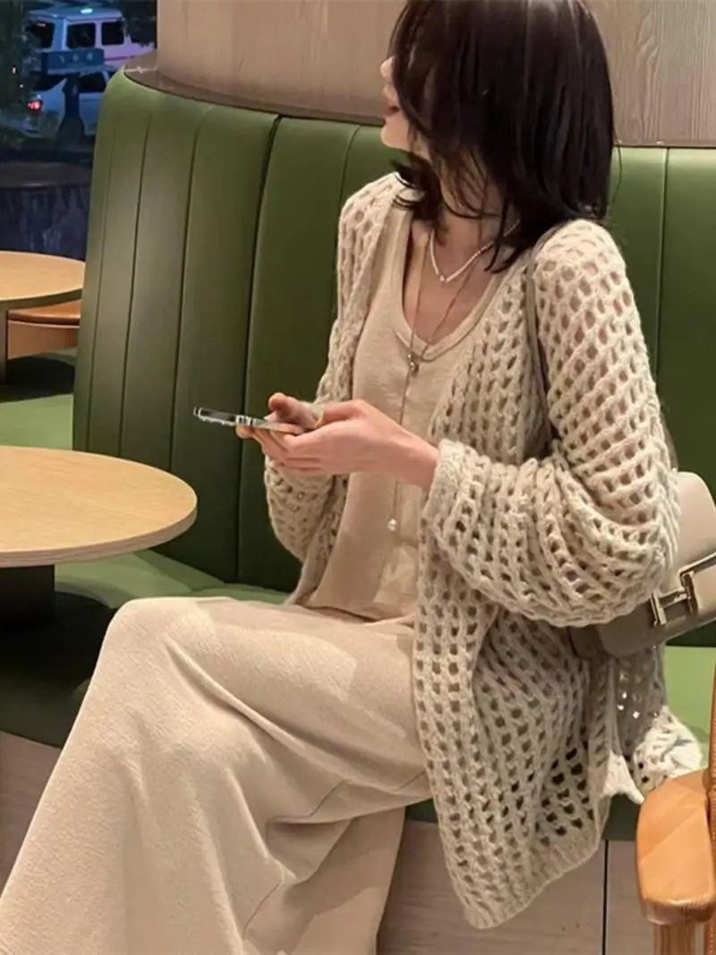 Flash Sale Znbbw Early Spring New Mid Length Hollow Knitted Cardigan Women's Lazy Style Outwear Sweater Coat Sun Protection Top