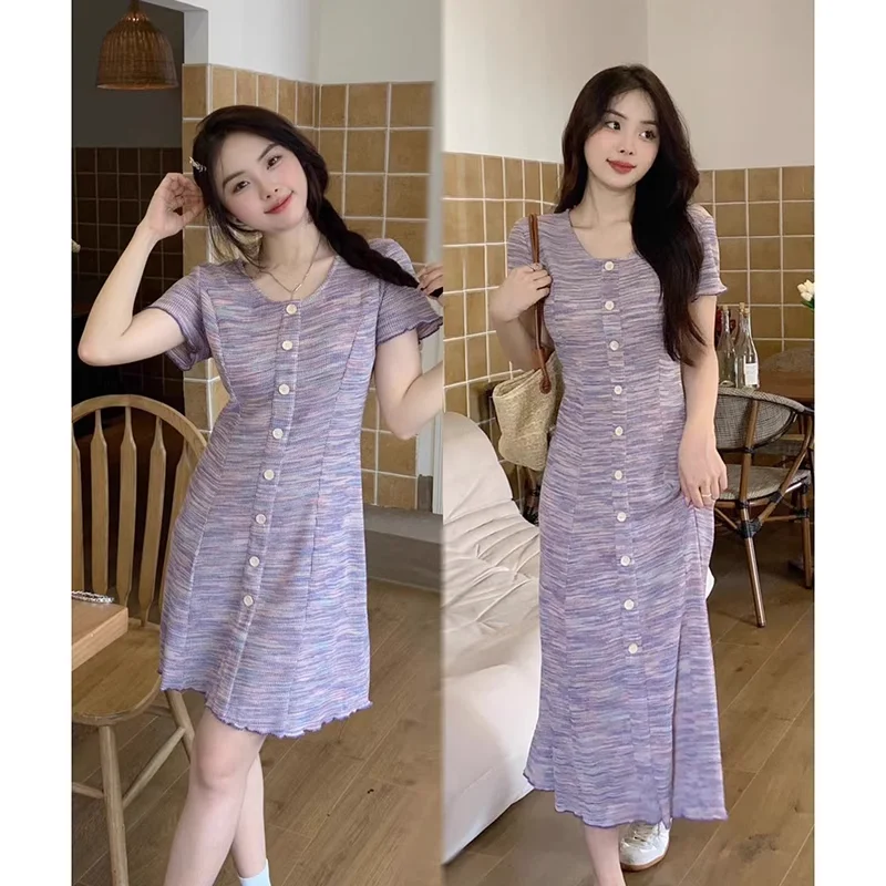 Price Reduction Plus Size Korean Square Neck Buttons Knit Dress