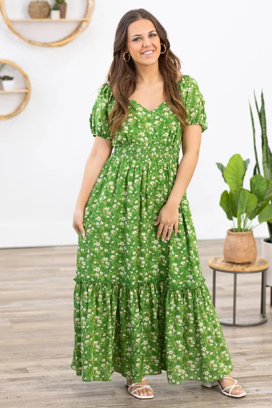 Warehouse Sale Green Multicolor Floral Puff Sleeve Maxi Dress