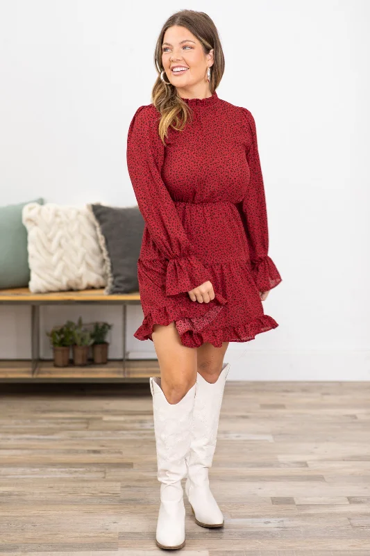 Hot Deal Wine and Black Animal Print Long Sleeve Dress