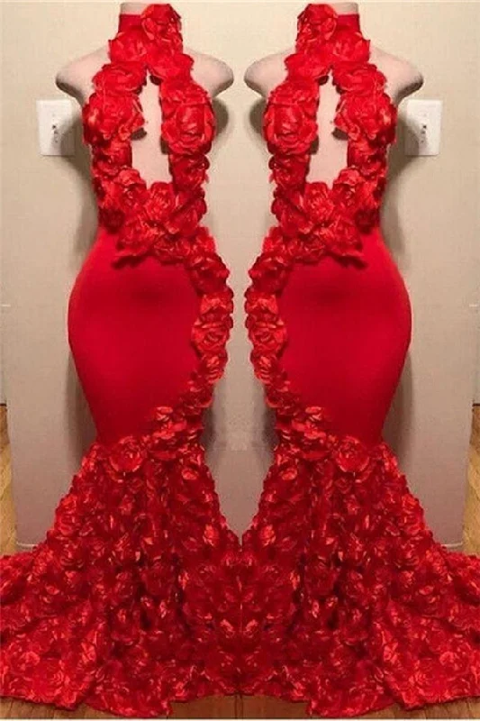 Last Chance New Arrival Red Keyhole Mermaid Flowers Halter Sleeveless Long Prom Dresses Last Chance New Arrival Red Keyhole Mermaid Flowers Halter Sleeveless Long Prom Dresses