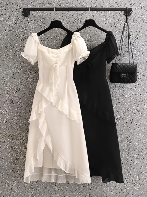 Quick Sale Plus Size Square Neck Frill Romantic Midi Dress