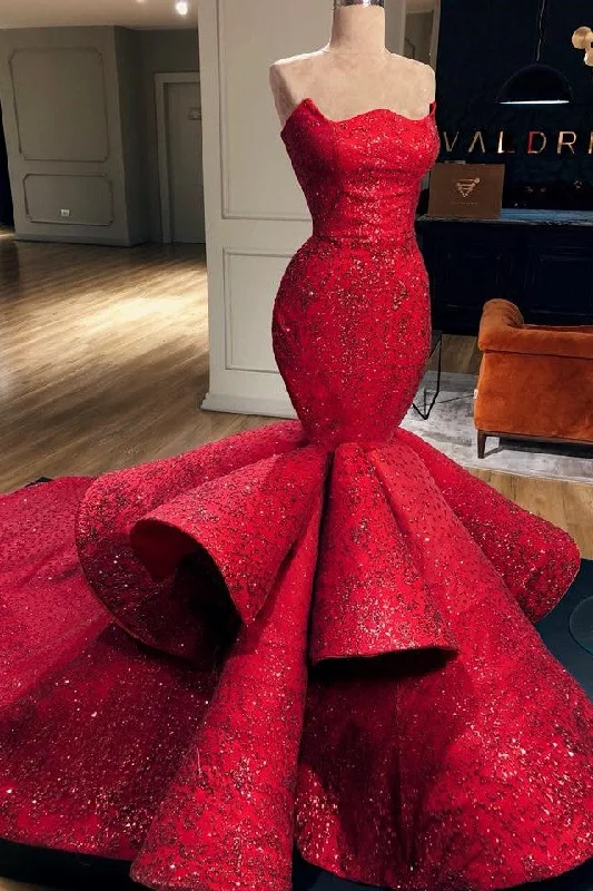 Time-Limited Offer Mermaid Strapless Floor Length Chapel Paillette Prom Dress