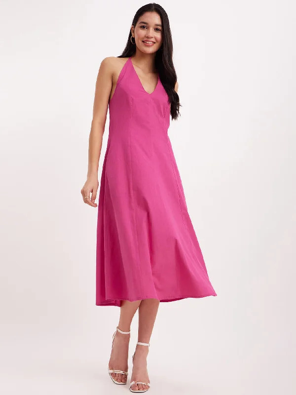 Markdowns Linen Princess Line Dress - Fuchsia