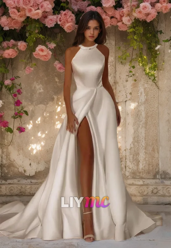 Limited Availability Halter Sleeveless Sleek Satin A-Line Wedding Dress