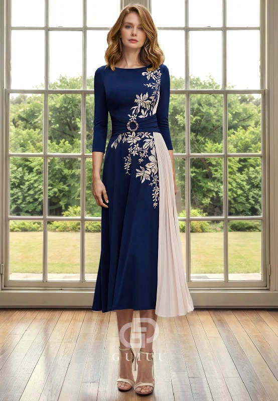 Today Only A-Line Scoop Neck 34 Length Sleeves Pleated Appliques Back Zipper Tea Length Mother of Bride Dress Today Only A-Line Scoop Neck 34 Length Sleeves Pleated Appliques Back Zipper Tea Length Mother of Bride Dress