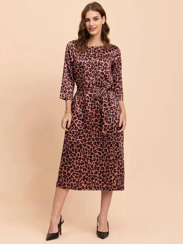 Exclusive Offers Satin Animal Print A-Line Dress - Brown and Black