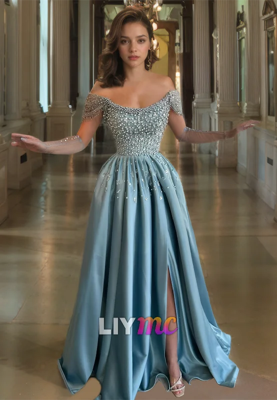 Fantastic Deals Off-Shoulder Beaded Strapless Pleated Satin A-Line Prom Dress