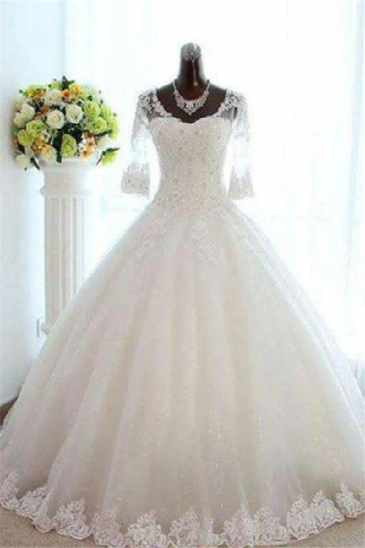 Low Prices Floor Length Tulle Ball Gown Beading V neck 3/4 Sleeves Bateau Wedding Dresses Low Prices Floor Length Tulle Ball Gown Beading V neck 3/4 Sleeves Bateau Wedding Dresses