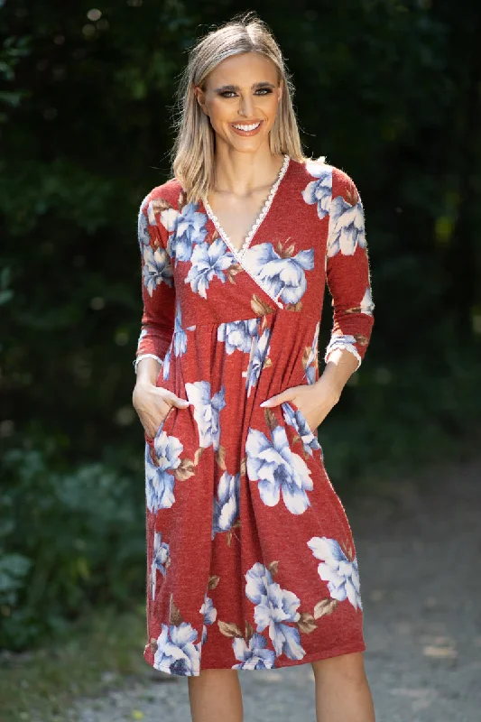 Super Savings Cranberry and Blue Floral Surplice Front Dress