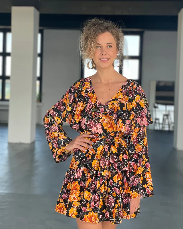 Price Drop Autumn Floral Tie Waist Boho Dress