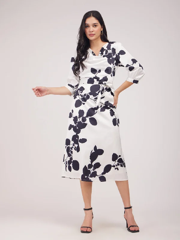 Fantastic Offers Satin Floral Print A-Line Dress - Black And White