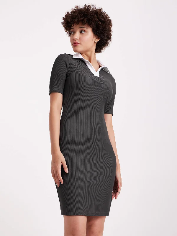 Big Discounts Collared Rib Knit Dress - Grey And White