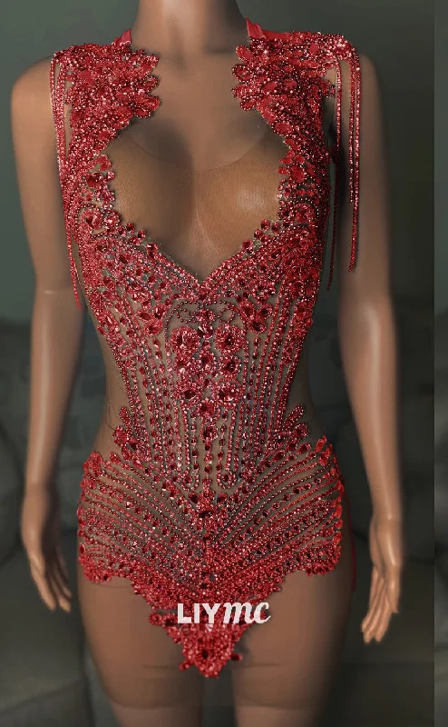 Overstock Sale LY305 - Low V-Neck Beaded Appliques Sheer Short Homecoming Dress for Black Girls Overstock Sale LY305 - Low V-Neck Beaded Appliques Sheer Short Homecoming Dress for Black Girls