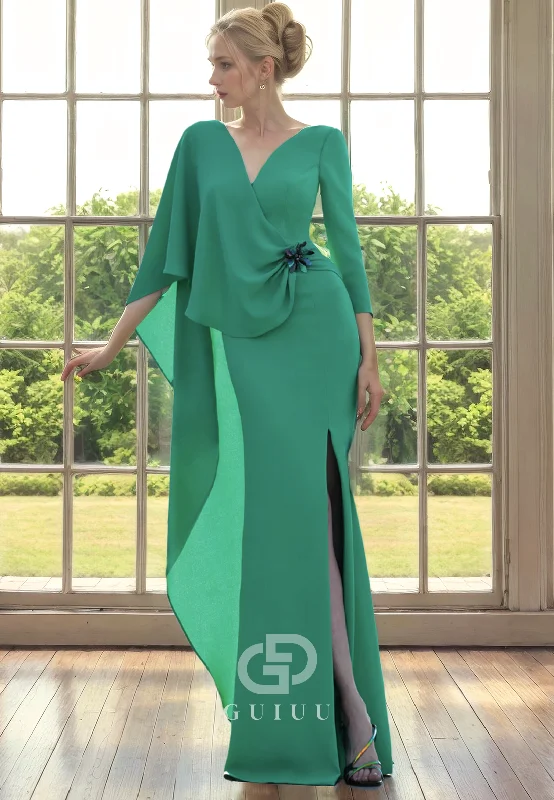 Limited Time Discount Sheath V Neck 34 Length Sleeves Pleated Back Zipper Mother of Bride Dress with Slit Limited Time Discount Sheath V Neck 34 Length Sleeves Pleated Back Zipper Mother of Bride Dress with Slit