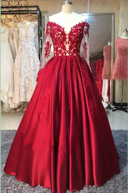 Loyalty Reward Gorgeous Red Stain Long Sleeves Lace Appliques Prom Dresses