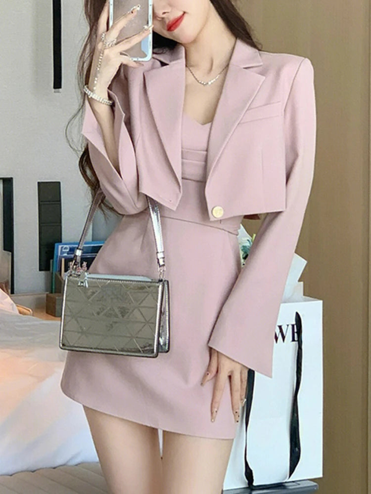 Don't Wait Znbbw Style Two Piece Dress Set Women Elegant Blazer Coat + Strap Dress Set Female Casual France Vintage Dress Suit 2024 New Don't Wait Znbbw Style Two Piece Dress Set Women Elegant Blazer Coat + Strap Dress Set Female Casual France Vintage Dress Suit 2024 New