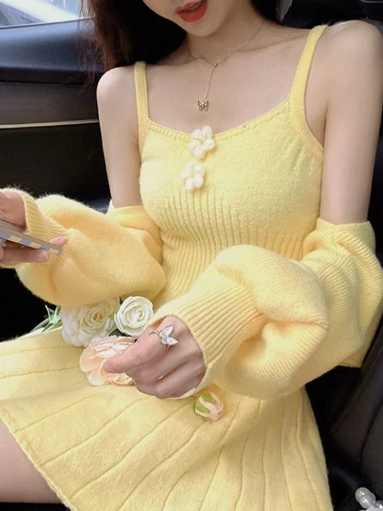 Seasonal Sale Znbbw Autumn Winter Sweet Knitted Two Piece Dress Set Women Casual Coat+Strap Dress Set Female Korean Style Solid Slim Chic Suit