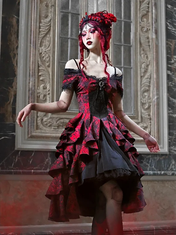 Blowout Sale Japanese Lolita Court Style Red Black Off-Shoulder Gothic Wave High-Waist Halloween Autumn Party Dark Dress Blowout Sale Japanese Lolita Court Style Red Black Off-Shoulder Gothic Wave High-Waist Halloween Autumn Party Dark Dress