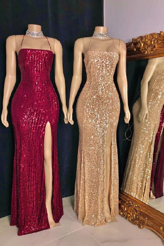 Limited Quantity Spaghetti-straps Criss-cross Long Slit Sequins Mermaid Prom Dresses Limited Quantity Spaghetti-straps Criss-cross Long Slit Sequins Mermaid Prom Dresses