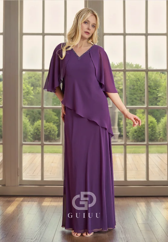 Low Prices Column V Neck Half Sleeves Ruffles Back Zipper Chiffon Mother of Bride Dress