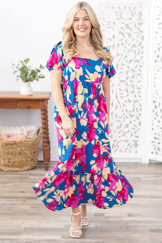 Special Promotion Dark Blue Square Neck Bubble Sleeve Dress