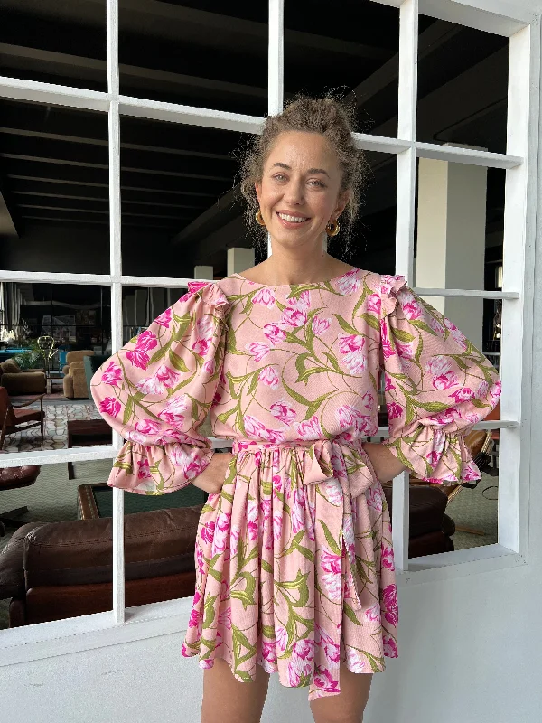 Bonus Savings Pink Print Tulip Dress