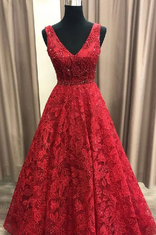 Take Advantage Charming V-neck Sleeveless Prom Party Gowns| Affordable Red Lace Beading Long Prom Gown Take Advantage Charming V-neck Sleeveless Prom Party Gowns| Affordable Red Lace Beading Long Prom Gown