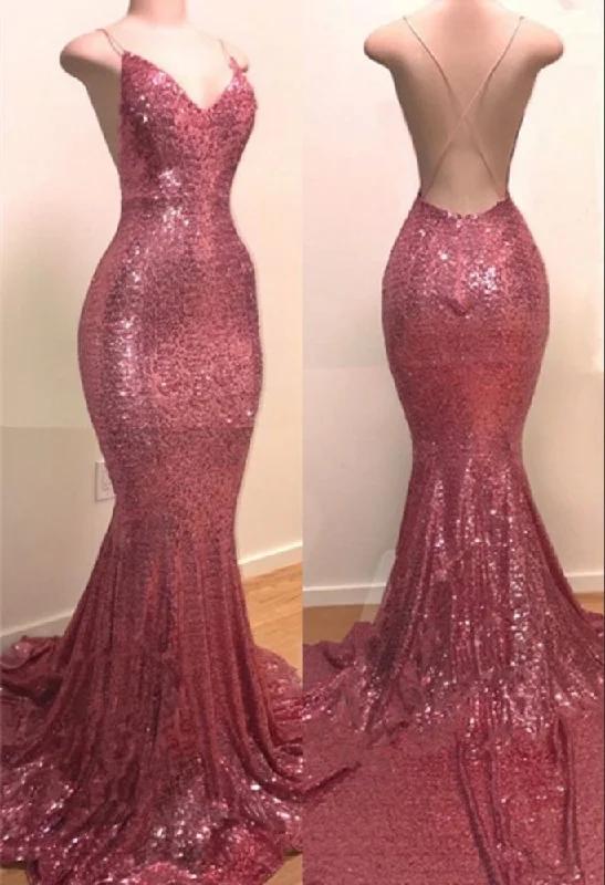 Sale Event Sequins V-neck Sleeveless Spaghetti Backless Prom Dresses