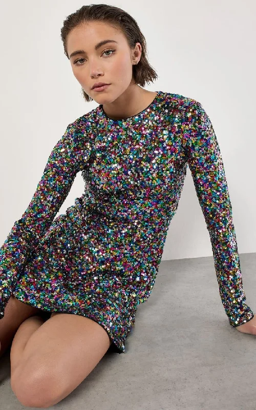 Closeout Apricot - Rainbow Sequin Fit And Flare Mini Dress