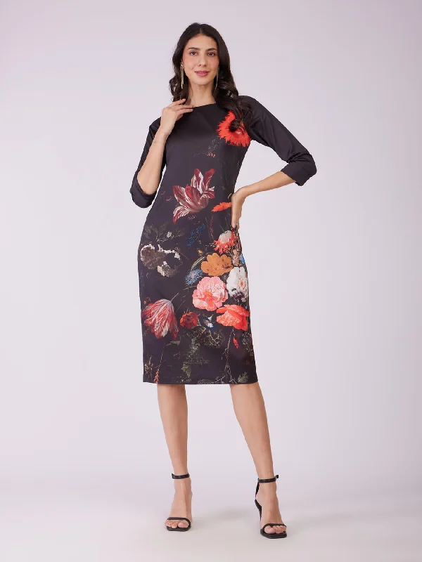 Price Rollback Stretch Satin Floral Dress - Black And Red