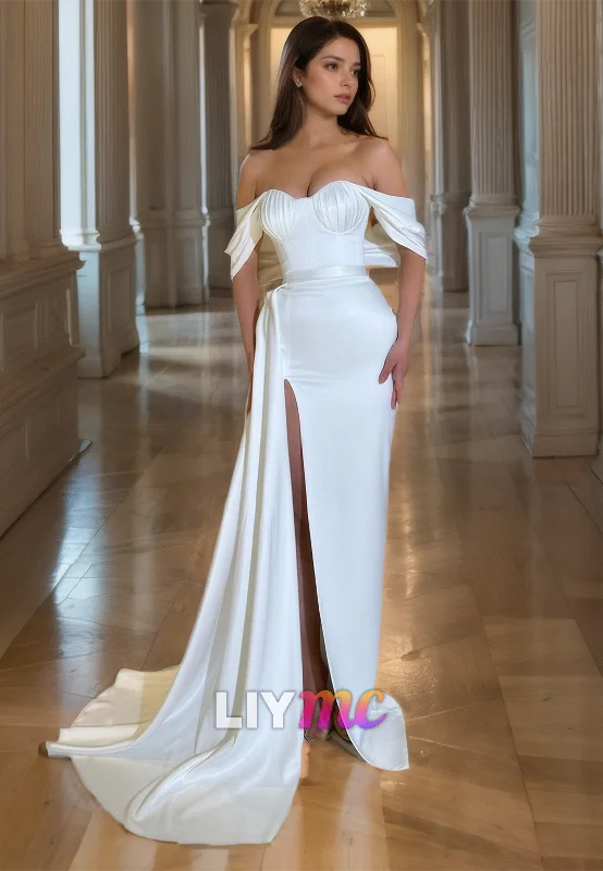 Deep Discounts Off-Shoulder Straples Sleek Side Slit White Prom Formal Dress