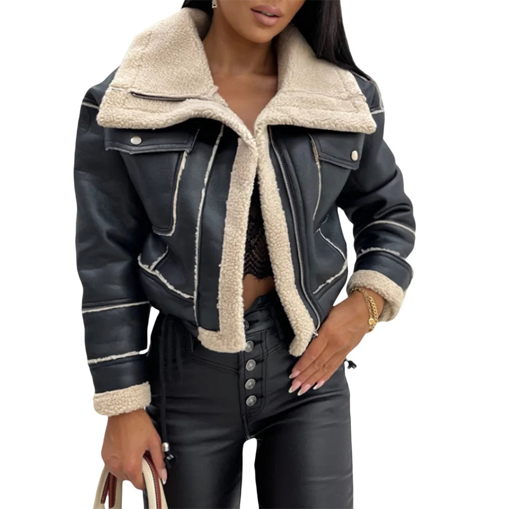 Loyalty Reward Znbbw Women PU Patchwork Warm Plush Jacket Fashion Winter Long Sleeve Zipper Short Coats Streetwear with Pockets Outwear Loyalty Reward Znbbw Women PU Patchwork Warm Plush Jacket Fashion Winter Long Sleeve Zipper Short Coats Streetwear with Pockets Outwear