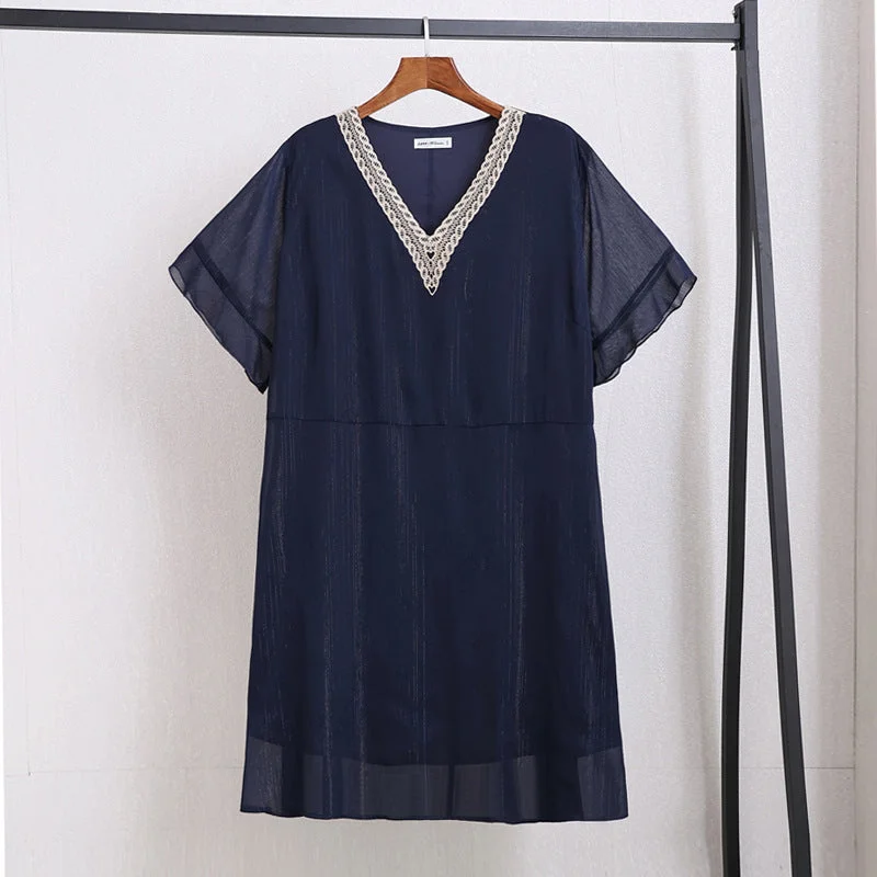 Deal Dash Plus Size Navy Lace V Neck Dress (EXTRA BIG SIZE)