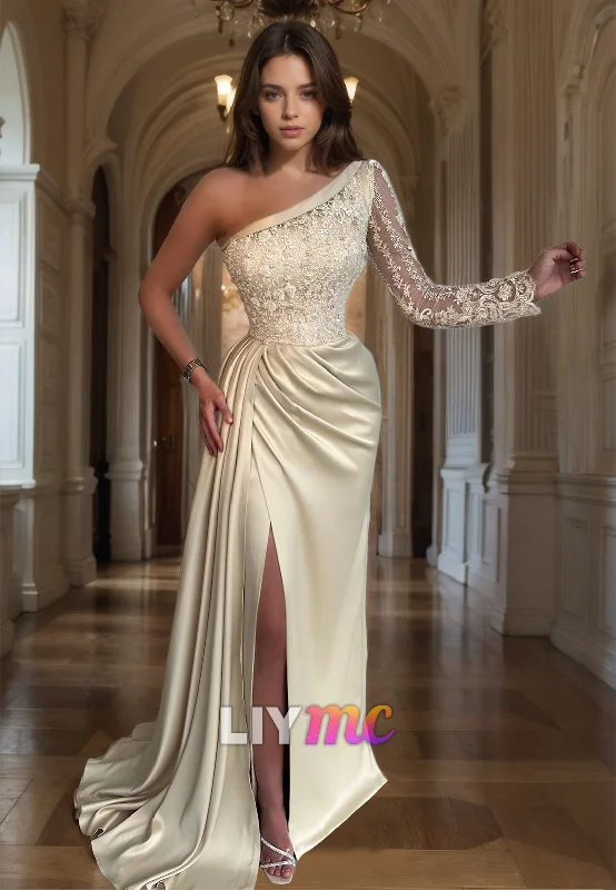 Take Advantage One Shoulder Long Sleeves Appliques Ruched Sheath Prom Dress