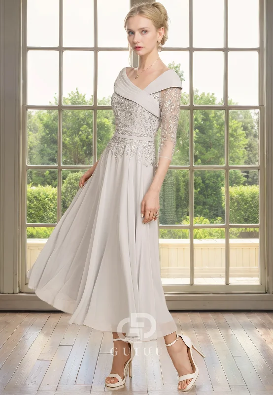 Massive Deals A-Line Off Shoulder 34 Length Sleeves Lace Appliques Pleated Tea Length Mother of Bride Dress