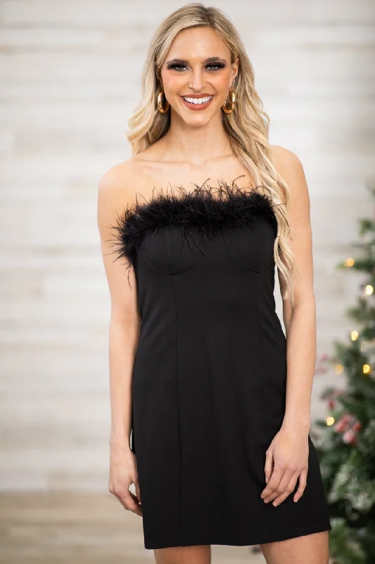 Clearance Sale Black Strapless Feather Trim Dress