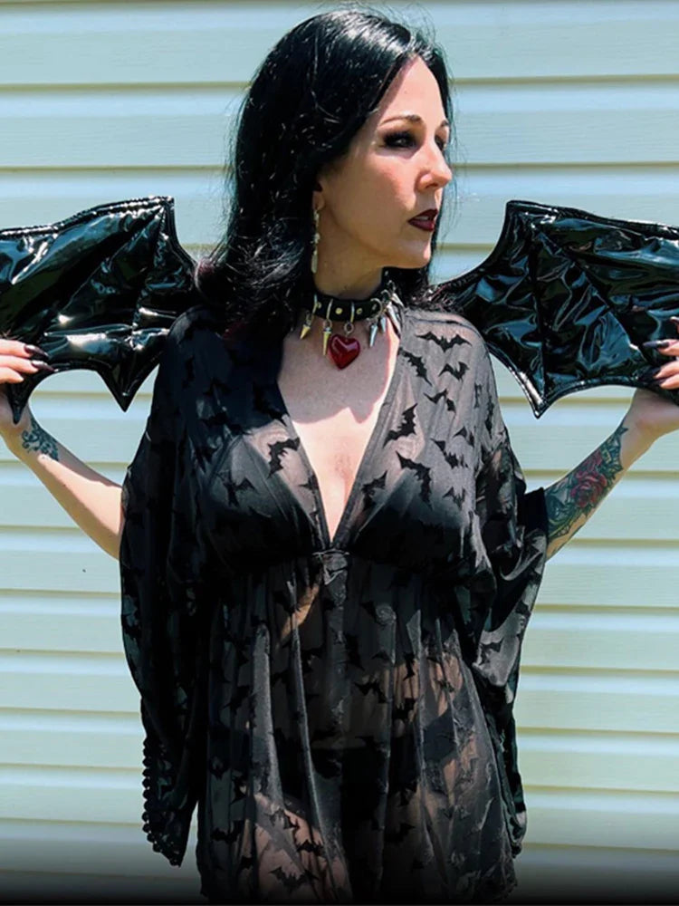 Stock Clearance Grunge Chiffon Bat Club Black Through Aesthetic Graphic Lace See E-Girls Goth Night Dress